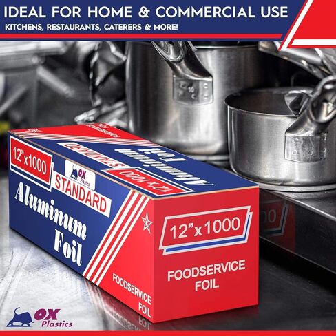 Ox Plastics Standard Premium Aluminum Foil | 12"x1000 Feet Long | Industrial Size and Strength | Commercial Grade & Length Foil Wrap for Food Service Industry and Home Use| Strong Silver (1 Pack) in Kuwait