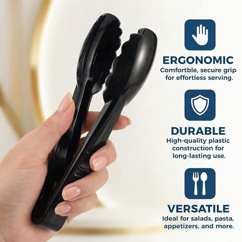 24 Pack Plastic Tongs for Serving, 9 Inch Disposable & Reusable Food Tongs with Scalloped Tips, Heavy Duty for BBQ, Catering, Buffet, Parties, Bulk Food Service (Black) in Saudi Arabia