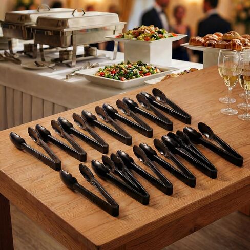 24 Pack Plastic Tongs for Serving, 9 Inch Disposable & Reusable Food Tongs with Scalloped Tips, Heavy Duty for BBQ, Catering, Buffet, Parties, Bulk Food Service (Black) in Saudi Arabia