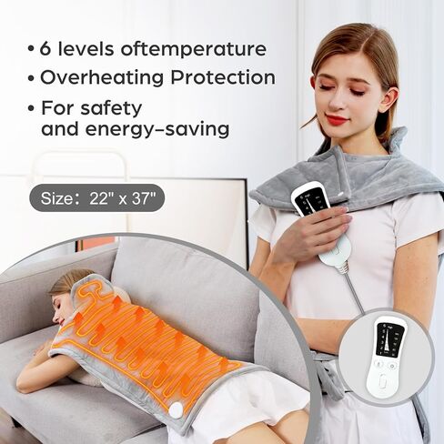 وسادة تسخين كهربائية لتخفيف آلام الرقبة والأكتاف الخلفية، 6 مستويات للحرارة/إيقاف تلقائي، وسادات تسخين كهربائية كبيرة مقاس 60.96 سم × 91.44 سم، هدايا للنساء والرجال والأم والأب المسنين، رمادي in Kuwait