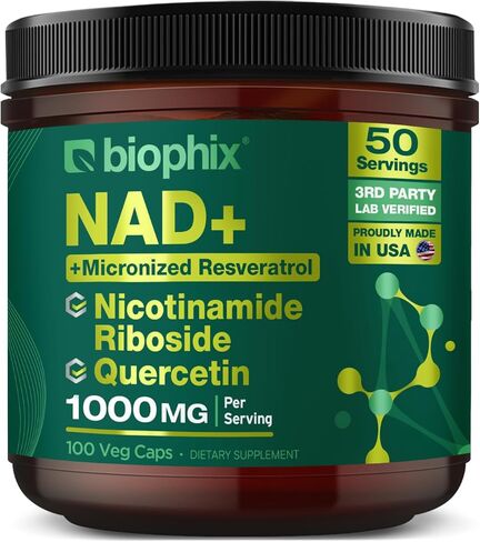 مكمل بيوفيكس NAD+ الشحمي للنساء والرجال - 1000 مجم لكل جرعة - نيكوتيناميد ريبوسيد، ريسفيراترول ميكروني ومركب كيرسيتين - 100 كبسولة نباتية - غير معدلة وراثيًا، خالية من الغلوتين، معتمدة من cGMP in Saudi Arabia