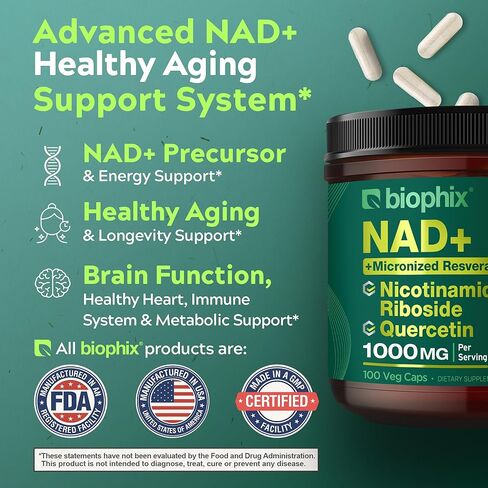 مكمل بيوفيكس NAD+ الشحمي للنساء والرجال - 1000 مجم لكل جرعة - نيكوتيناميد ريبوسيد، ريسفيراترول ميكروني ومركب كيرسيتين - 100 كبسولة نباتية - غير معدلة وراثيًا، خالية من الغلوتين، معتمدة من cGMP in Saudi Arabia
