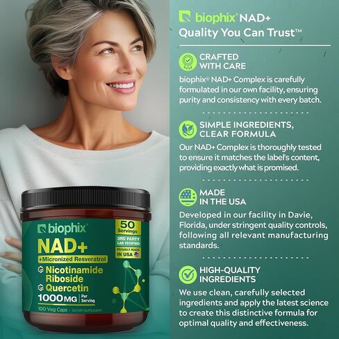 مكمل بيوفيكس NAD+ الشحمي للنساء والرجال - 1000 مجم لكل جرعة - نيكوتيناميد ريبوسيد، ريسفيراترول ميكروني ومركب كيرسيتين - 100 كبسولة نباتية - غير معدلة وراثيًا، خالية من الغلوتين، معتمدة من cGMP in Saudi Arabia