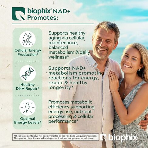 مكمل بيوفيكس NAD+ الشحمي للنساء والرجال - 1000 مجم لكل جرعة - نيكوتيناميد ريبوسيد، ريسفيراترول ميكروني ومركب كيرسيتين - 100 كبسولة نباتية - غير معدلة وراثيًا، خالية من الغلوتين، معتمدة من cGMP in Saudi Arabia