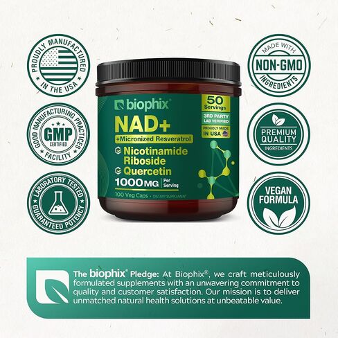 مكمل بيوفيكس NAD+ الشحمي للنساء والرجال - 1000 مجم لكل جرعة - نيكوتيناميد ريبوسيد، ريسفيراترول ميكروني ومركب كيرسيتين - 100 كبسولة نباتية - غير معدلة وراثيًا، خالية من الغلوتين، معتمدة من cGMP in Saudi Arabia