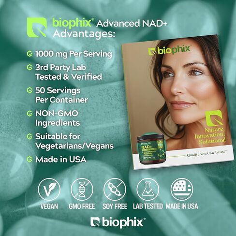 مكمل بيوفيكس NAD+ الشحمي للنساء والرجال - 1000 مجم لكل جرعة - نيكوتيناميد ريبوسيد، ريسفيراترول ميكروني ومركب كيرسيتين - 100 كبسولة نباتية - غير معدلة وراثيًا، خالية من الغلوتين، معتمدة من cGMP in Saudi Arabia