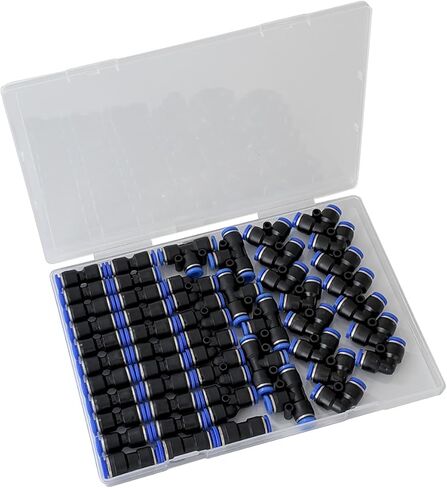 طقم تركيبات خرطوم الهواء 50 قطعة - 1/4 بوصة دفع OD لتوصيل التركيبات الهوائية، 20 مستقيمًا + 15 مرفقًا + 6 تي + 6 فواصل + 3 اتحاد مخفض in Kuwait