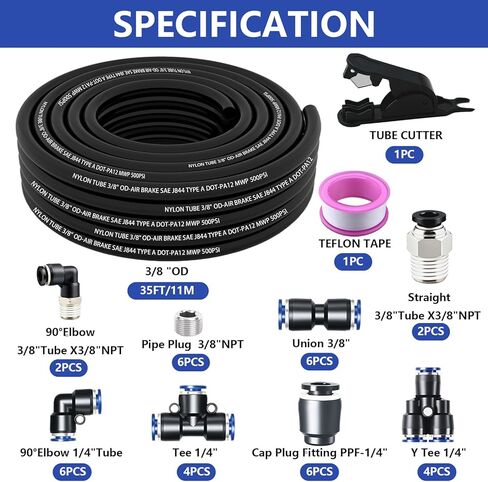 Air Line Tubing Kit, 3/8" OD DOT Air Line 35 FT(11M) SAE j844 PA Nylon Air Hose Tubing and Push to Connect Fittings,39 Pcs Compressed Accessories Kit For Air Brake System Or Fluid Transfer in Kuwait