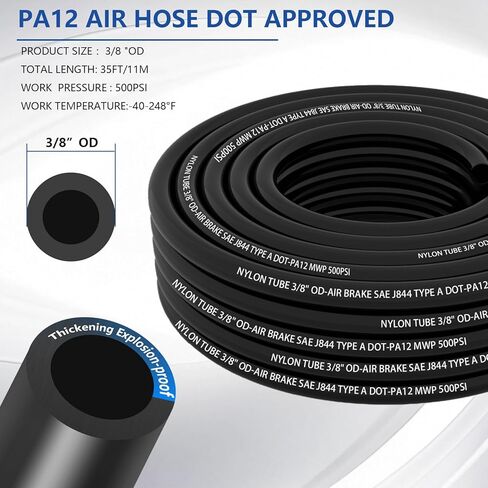 Air Line Tubing Kit, 3/8" OD DOT Air Line 35 FT(11M) SAE j844 PA Nylon Air Hose Tubing and Push to Connect Fittings,39 Pcs Compressed Accessories Kit For Air Brake System Or Fluid Transfer in Kuwait