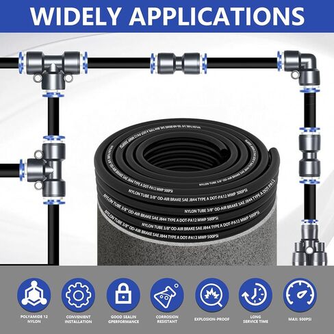 Air Line Tubing Kit, 3/8" OD DOT Air Line 35 FT(11M) SAE j844 PA Nylon Air Hose Tubing and Push to Connect Fittings,39 Pcs Compressed Accessories Kit For Air Brake System Or Fluid Transfer in Kuwait
