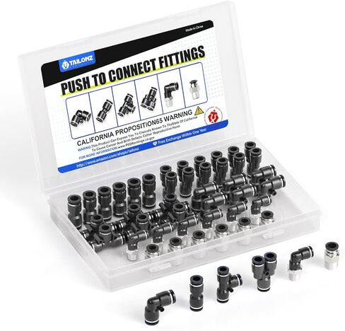 TAILONZ PNEUMATIC 1/4 "OD x 1/8" NPT Push to Connect Fittings طقم تركيبات هوائية 6 سبلات + 6 مرفقين + 6 تي + 6 مستقيم + 6 موصل Npt ذكر مستقيم + 6 موصل Npt ذكر الكوع (36 قطعة) in Saudi Arabia