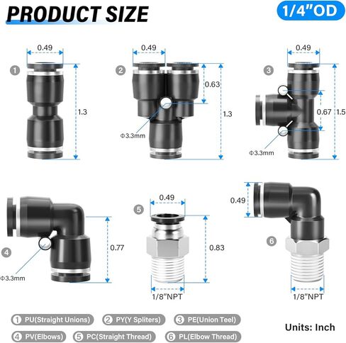 TAILONZ PNEUMATIC 1/4 "OD x 1/8" NPT Push to Connect Fittings طقم تركيبات هوائية 6 سبلات + 6 مرفقين + 6 تي + 6 مستقيم + 6 موصل Npt ذكر مستقيم + 6 موصل Npt ذكر الكوع (36 قطعة) in Saudi Arabia