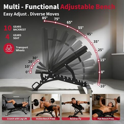 EVERYMATE Adjustable Weight Bench, 1200LB Heavy-Duty Capacity Workout Bench with 50mm x70mm Thickened Steel Frame, Adjustment Incline Bench for Home, Gym & Professional Competition,2.1" Thickened Pad, Dual-Track Silent Wheels in Kuwait