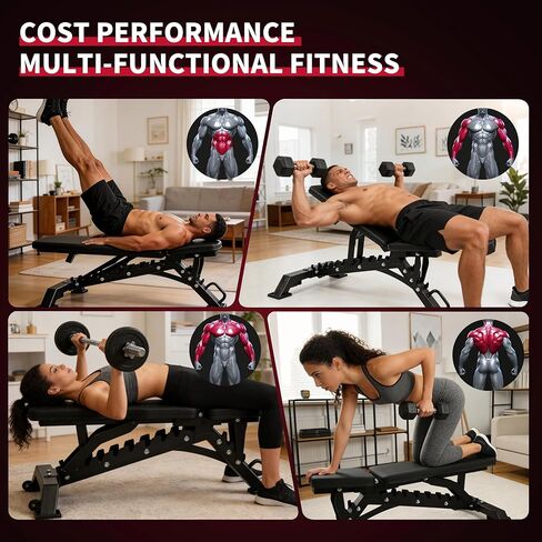 EVERYMATE Adjustable Weight Bench, 1200LB Heavy-Duty Capacity Workout Bench with 50mm x70mm Thickened Steel Frame, Adjustment Incline Bench for Home, Gym & Professional Competition,2.1" Thickened Pad, Dual-Track Silent Wheels in Kuwait