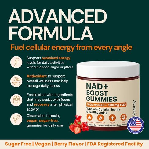 b.Ready NAD+ Gummies, Premium 1000 mg NAD Supplement with 500 mg TMG, Grape Seed & Black Pepper Extract – NAD+ for Healthy Aging, Cellular Energy & Antioxidant Support, Vegan, Sugar-Free, 60 Count in Saudi Arabia