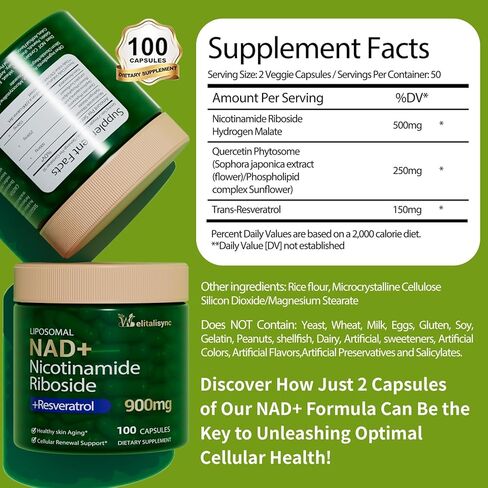 Premium NAD+ Supplement - Nicotinamide Riboside & Resveratrol 900mg – Fast-Absorbing Cellular Renewal Capsules for Energy, Anti-Aging & Brain Health – Vegan, Non-GMO, 200 C in Saudi Arabia