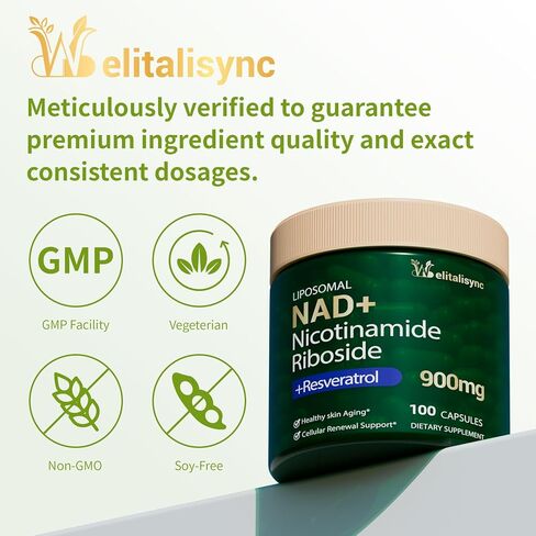Premium NAD+ Supplement - Nicotinamide Riboside & Resveratrol 900mg – Fast-Absorbing Cellular Renewal Capsules for Energy, Anti-Aging & Brain Health – Vegan, Non-GMO, 200 C in Saudi Arabia