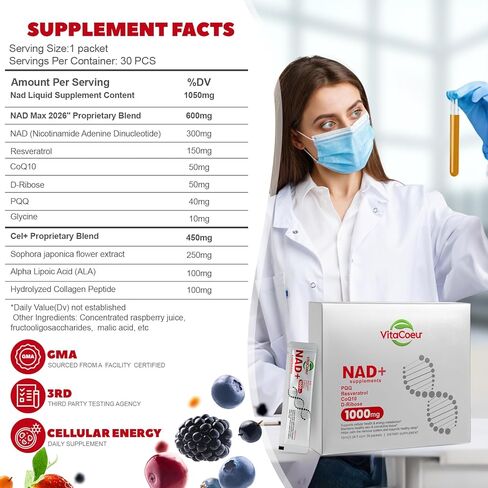 1000mg NAD+ Supplement Liquid with Organic Resveratrol, Nicotinamide Riboside & PQQ, CoQ10, ALA, Boost Energy Focus, DNA Repair & Activate Longevity Cells, NAD Resveratrol for Men & Women in Saudi Arabia