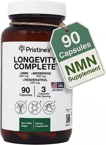 مركب NMN الكامل المضاد للشيخوخة من PRISTINE - دعم خلوي متقدم - NMN 500 مجم، بربارين 500 مجم، ريسفيراترول 250 مجم، شيخوخة صحية، الالتهام الذاتي ودعم NAD+ - زجاجة زجاجية in Kuwait