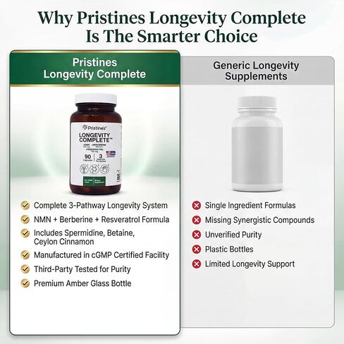 مركب NMN الكامل المضاد للشيخوخة من PRISTINE - دعم خلوي متقدم - NMN 500 مجم، بربارين 500 مجم، ريسفيراترول 250 مجم، شيخوخة صحية، الالتهام الذاتي ودعم NAD+ - زجاجة زجاجية in Kuwait