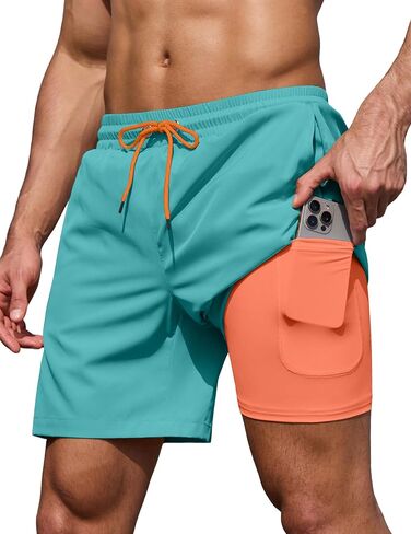 COOFANDY Men's 7" Swim Trunks with Compression Liner Stretch Swimming Shorts with Zipper Pockets in Kuwait