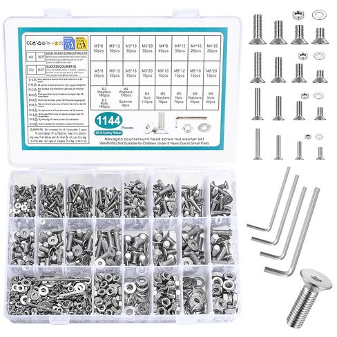 مجموعة براغي M3M4M5M6M8، 155-1144 قطعة، مجموعة متنوعة من المقبس السداسي المسطح برأس غاطس، غسالات صواميل براغي الآلة مع مفتاح ألين لإصلاح الأثاث الإلكتروني (فضي) (1144 قطعة m3m4m5m6) in Kuwait