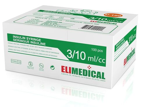 حقنة أنسولين بيطرية من Elimedical U-100 0.3cc (مل)، 29 جم × 1/2 بوصة (12.7 مم)، علامة نصف الوحدة، معبأة بشكل فردي، للقطط أو الكلاب الأليفة، 100 لكل صندوق، 03V2913B in Saudi Arabia