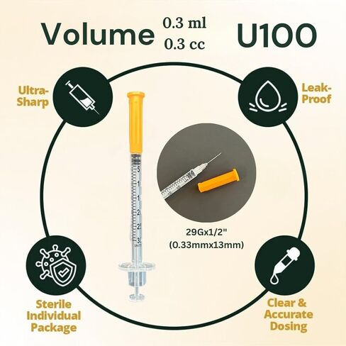 حقنة أنسولين بيطرية من Elimedical U-100 0.3cc (مل)، 29 جم × 1/2 بوصة (12.7 مم)، علامة نصف الوحدة، معبأة بشكل فردي، للقطط أو الكلاب الأليفة، 100 لكل صندوق، 03V2913B in Saudi Arabia