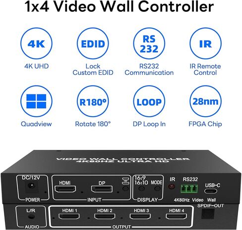 BOOBRIE 4K60 Video Wall Controller 1x4, True 4K@60Hz HDMI Input Output Wall Processor Support 2x2 1x2 1x3 1x4 2x1 3x1 4x1, FPGA Chip for Zero-Lag, 180° Rotation, Edge Mask, Max 4 TVs into 1 Wall in Saudi Arabia