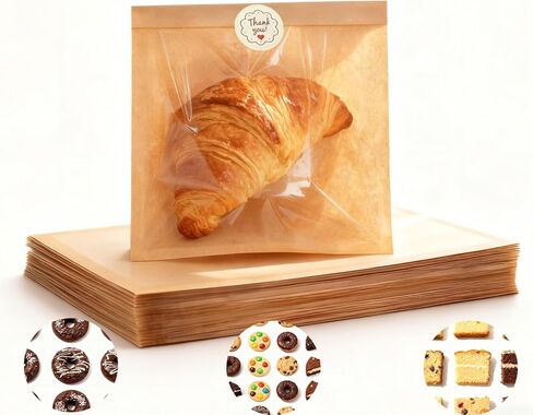 100 عبوة من أكياس تغليف البسكويت مع ختم، أكياس خبز ورقية مقاس 7.1 × 7.5 بوصة مع نافذة، مقاومة للدهون قابلة للغلق بالحرارة لاستخدام أكياس بسكويت واحدة للحلوى، الدونات، شريحة الكيك، الكعكة، البراوني in Kuwait