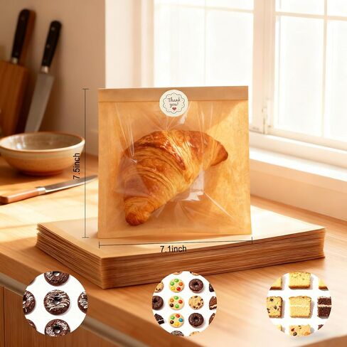 100 عبوة من أكياس تغليف البسكويت مع ختم، أكياس خبز ورقية مقاس 7.1 × 7.5 بوصة مع نافذة، مقاومة للدهون قابلة للغلق بالحرارة لاستخدام أكياس بسكويت واحدة للحلوى، الدونات، شريحة الكيك، الكعكة، البراوني in Kuwait