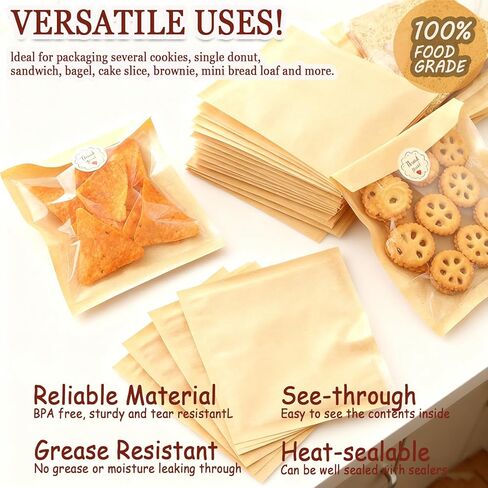 100 عبوة من أكياس تغليف البسكويت مع ختم، أكياس خبز ورقية مقاس 7.1 × 7.5 بوصة مع نافذة، مقاومة للدهون قابلة للغلق بالحرارة لاستخدام أكياس بسكويت واحدة للحلوى، الدونات، شريحة الكيك، الكعكة، البراوني in Kuwait