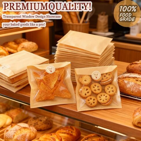 100 عبوة من أكياس تغليف البسكويت مع ختم، أكياس خبز ورقية مقاس 7.1 × 7.5 بوصة مع نافذة، مقاومة للدهون قابلة للغلق بالحرارة لاستخدام أكياس بسكويت واحدة للحلوى، الدونات، شريحة الكيك، الكعكة، البراوني in Kuwait