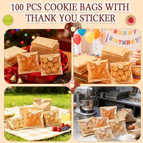 100 عبوة من أكياس تغليف البسكويت مع ختم، أكياس خبز ورقية مقاس 7.1 × 7.5 بوصة مع نافذة، مقاومة للدهون قابلة للغلق بالحرارة لاستخدام أكياس بسكويت واحدة للحلوى، الدونات، شريحة الكيك، الكعكة، البراوني in Kuwait