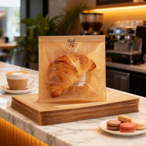 100 عبوة من أكياس تغليف البسكويت مع ختم، أكياس خبز ورقية مقاس 7.1 × 7.5 بوصة مع نافذة، مقاومة للدهون قابلة للغلق بالحرارة لاستخدام أكياس بسكويت واحدة للحلوى، الدونات، شريحة الكيك، الكعكة، البراوني in Kuwait