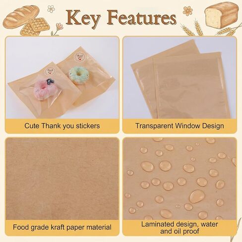 300 Pack 7.1x7.5 Inch Heat Sealable Bakery Bags with Window Grease Resistant Cookie Bags for Donut, Pastry, Sandwich, Brownie, Cake Slice and Treats Packaging in Saudi Arabia