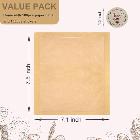 100 عبوة من أكياس البسكويت مع ختم، أكياس مخبز قابلة للغلق بالحرارة مقاس 7.1x7.5 بوصة مع نافذة، حقيبة ورقية قابلة للغلق بالحرارة للخبز والساندويتش وشريحة الكيك والمعجنات والدونات in Kuwait