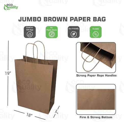 EcoQuality X-Large Brown Kraft Paper Bags With Handles - 18x7x19 Inches, 100pcs - for Shopping, Gifts, Party, Merchandise, Lunch, Grocery in Saudi Arabia