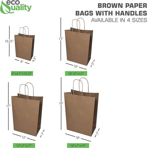 EcoQuality X-Large Brown Kraft Paper Bags With Handles - 18x7x19 Inches, 100pcs - for Shopping, Gifts, Party, Merchandise, Lunch, Grocery in Saudi Arabia
