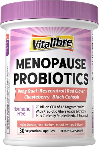 Vitalibre Menopause Probiotics for Women 70 Billion CFU, 12 Targeted Strains, Organic Prebiotics, Black Cohosh Resveratrol Red Clover Chasteberry Dong Quai, Hot Flash Night Sweat+, No Estrogen, 30 Ct in Kuwait