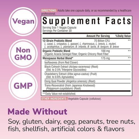 Vitalibre Menopause Probiotics for Women 70 Billion CFU, 12 Targeted Strains, Organic Prebiotics, Black Cohosh Resveratrol Red Clover Chasteberry Dong Quai, Hot Flash Night Sweat+, No Estrogen, 30 Ct in Kuwait