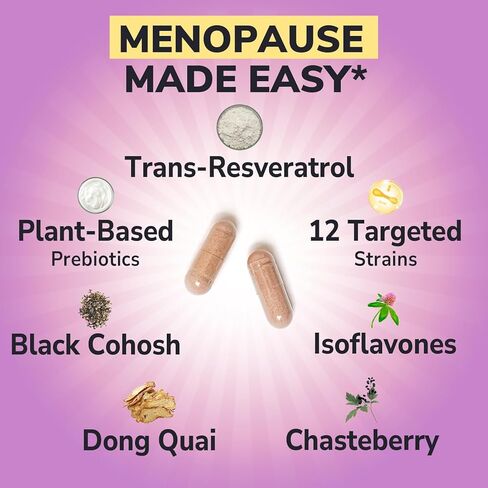 Vitalibre Menopause Probiotics for Women 70 Billion CFU, 12 Targeted Strains, Organic Prebiotics, Black Cohosh Resveratrol Red Clover Chasteberry Dong Quai, Hot Flash Night Sweat+, No Estrogen, 30 Ct in Kuwait