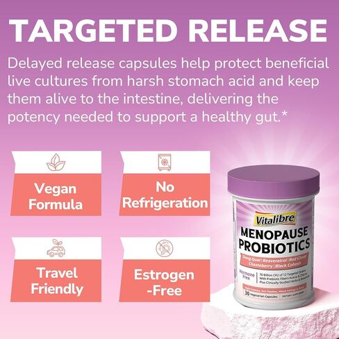 Vitalibre Menopause Probiotics for Women 70 Billion CFU, 12 Targeted Strains, Organic Prebiotics, Black Cohosh Resveratrol Red Clover Chasteberry Dong Quai, Hot Flash Night Sweat+, No Estrogen, 30 Ct in Kuwait
