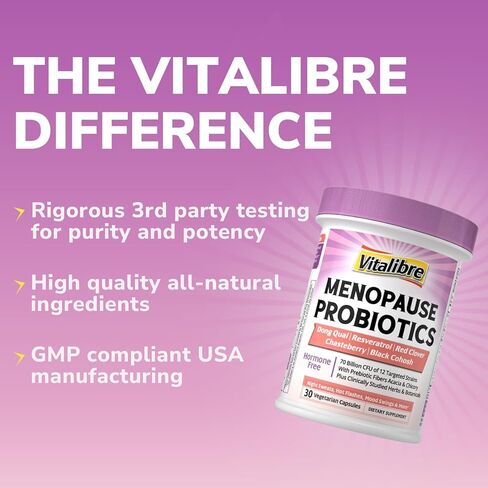 Vitalibre Menopause Probiotics for Women 70 Billion CFU, 12 Targeted Strains, Organic Prebiotics, Black Cohosh Resveratrol Red Clover Chasteberry Dong Quai, Hot Flash Night Sweat+, No Estrogen, 30 Ct in Kuwait