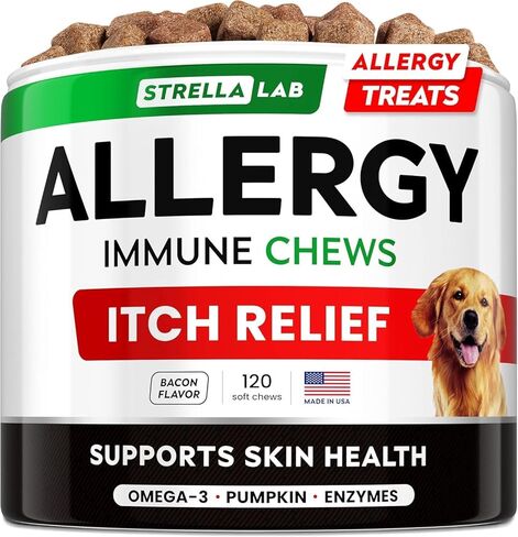 StrellaLab Dog Allergy Relief & Anti Itch Support Chews w/Omega 3: Real Ingredients, Real Taste! Skin & Coat Immune Supplement w/Fish Oil, Pumpkin & Enzymes — Developed by Experts - Made in USA -120Ct in Kuwait