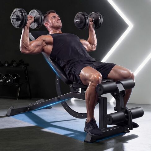 مقعد وزن قابل للتعديل مع تمديد وتجعيد الساق، مقعد تمرين متعدد المواضع للميل/الانخفاض لصالة الألعاب الرياضية المنزلية، مقعد تدريب القوة لكامل الجسم مع بكرات إسفنجية in Kuwait