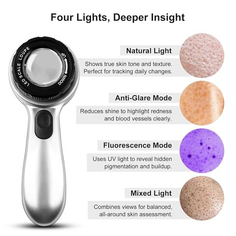 ديرماسكوب محمول 30x مع مقياس، محلل للبشرة قابل لإعادة الشحن، 4 أوضاع إضاءة LED أداة الأمراض الجلدية لحب الشباب والشامات والرؤوس السوداء وتتبع الندبات، مجهر للبشرة للاستخدام المنزلي in Kuwait