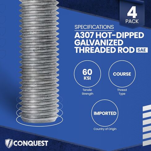 Conquest Fasteners A307 Coarse Fully Threaded Rod, Hot Dip Galvanized, 5/8" -11 Thread Size, 36" Length, Right Hand Threads (4 Pack) in Kuwait