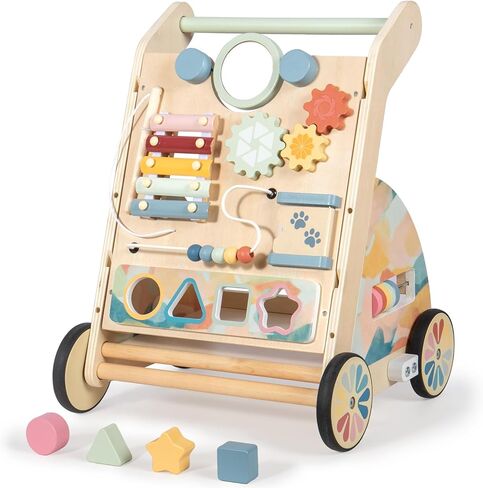 LOL-FUN Wooden Baby Walker مع لوح مزدحم قابل للفصل ، ودفع Walker للطفل مع عجلات السرعة القابلة للتعديل ، ومشي النشاط للأولاد من 6 إلى 12 شهرًا in Kuwait