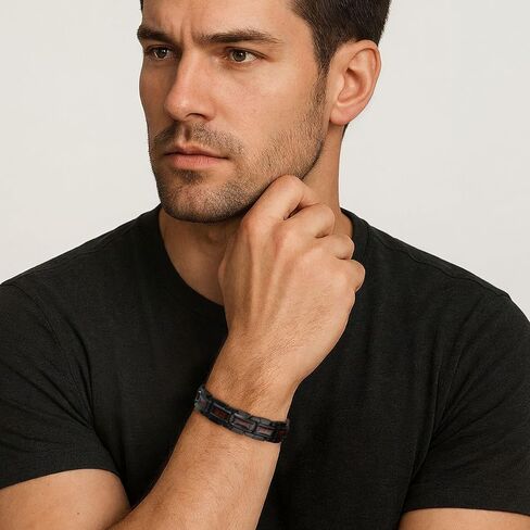 سوار RainSo المغناطيسي للرجال، كماشة العقرب، سوار من الفولاذ المقاوم للصدأ من الخشب المغناطيسي بثلاثة صفوف، يأتي مع أداة إزالة الارتباط المجانية وصندوق هدايا المجوهرات - (أسود وأحمر) in Kuwait